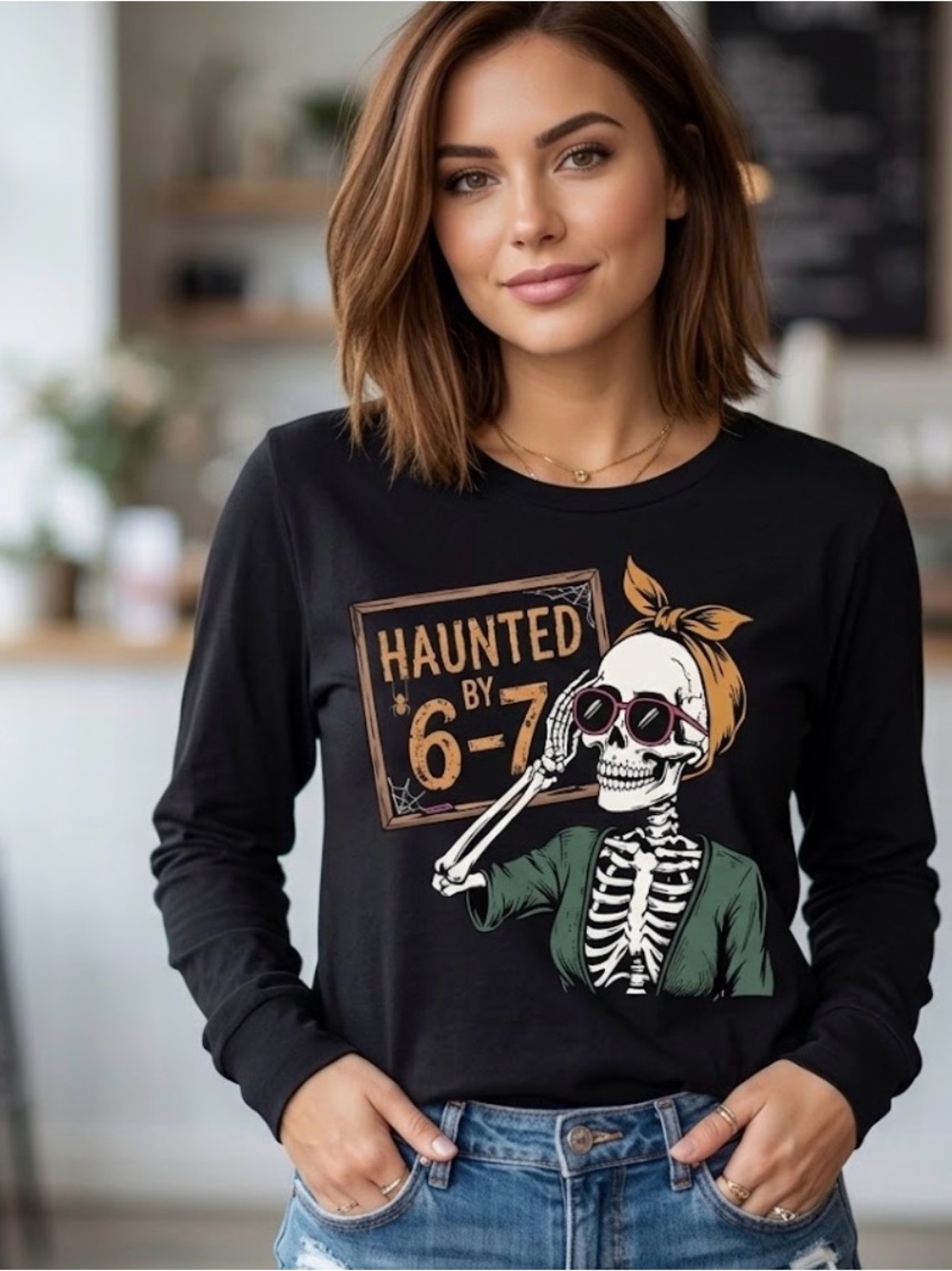 Women's Black 'Haunted by 6-7' Graphic Long-Sleeve Top